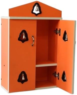 Compact Pooja Mandir Cabinet Wooden Wall-Mount, 2 Feet, Orange, with Bells and Double Doors