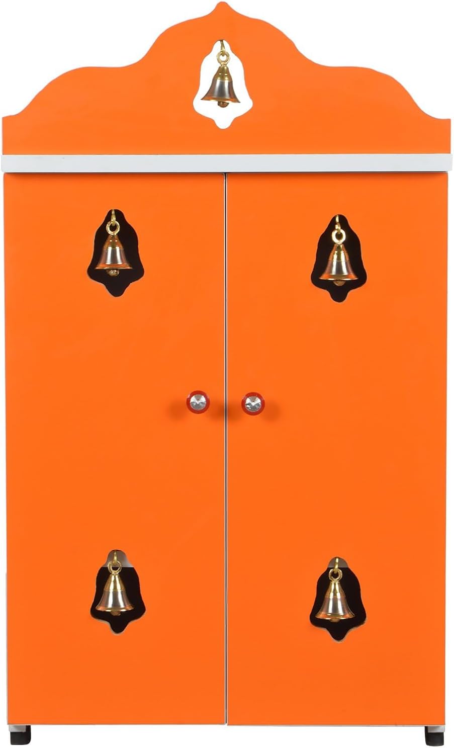 Compact Pooja Mandir Cabinet Wooden Wall-Mount, 2 Feet, Orange, with Bells and Double Doors