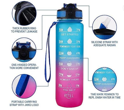 Sporty Sip 32 OZ Motivational Water Bottle with Straw, Strap & Time Marker, BPA-free, 1 Ltr Water Bottle for Fitness, Gym, School, Office & Outdoors, Multicolor (Pinky-Blue)