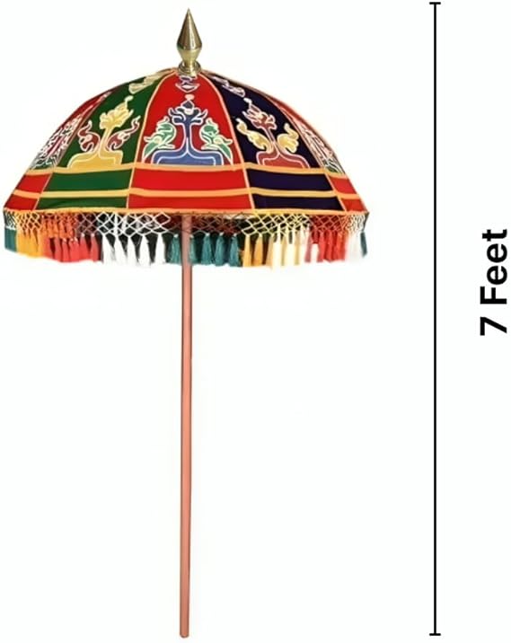 7 Feet Indian Temple Umbrella – Decorative Parasol for Religious Ceremonies & Festivals – Handmade Multicolor Canopy with Brass Top – Ideal for Pooja, Mandir, Weddings