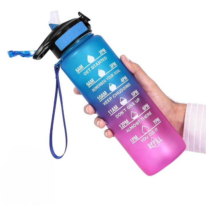 Sporty Sip 32 OZ Motivational Water Bottle with Straw, Strap & Time Marker, BPA-free, 1 Ltr Water Bottle for Fitness, Gym, School, Office & Outdoors, Multicolor (Pinky-Blue)