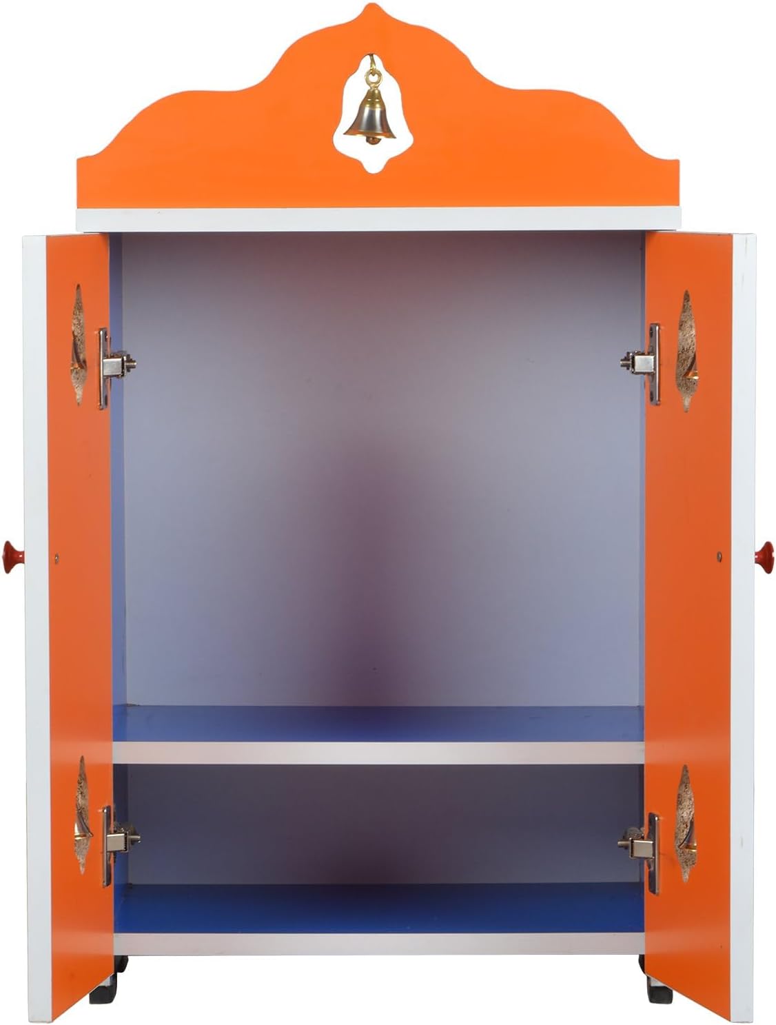 Compact Pooja Mandir Cabinet Wooden Wall-Mount, 2 Feet, Orange, with Bells and Double Doors