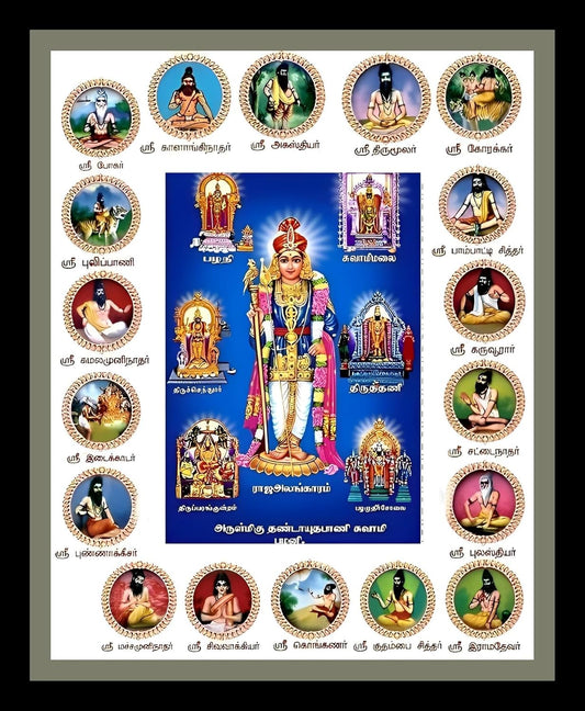 Digitouch Design 18 Siddhar/Yoga Siddhas Photo Frame with Arupadai God Murugan, 7x9 inch, Vintage Style, Multicolor