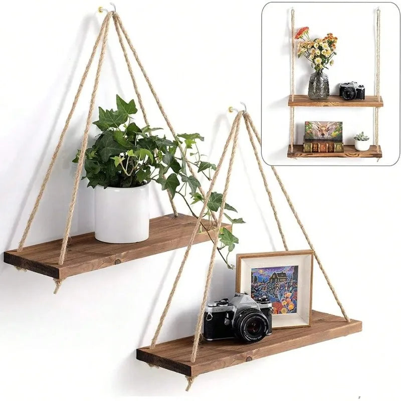Wooden Hanging Rope Shelf – Wall Mounted Floating Tray for Plants, Decor, Storage | Rustic Swing Shelf for Home, Living Room, or Garden (1PC)