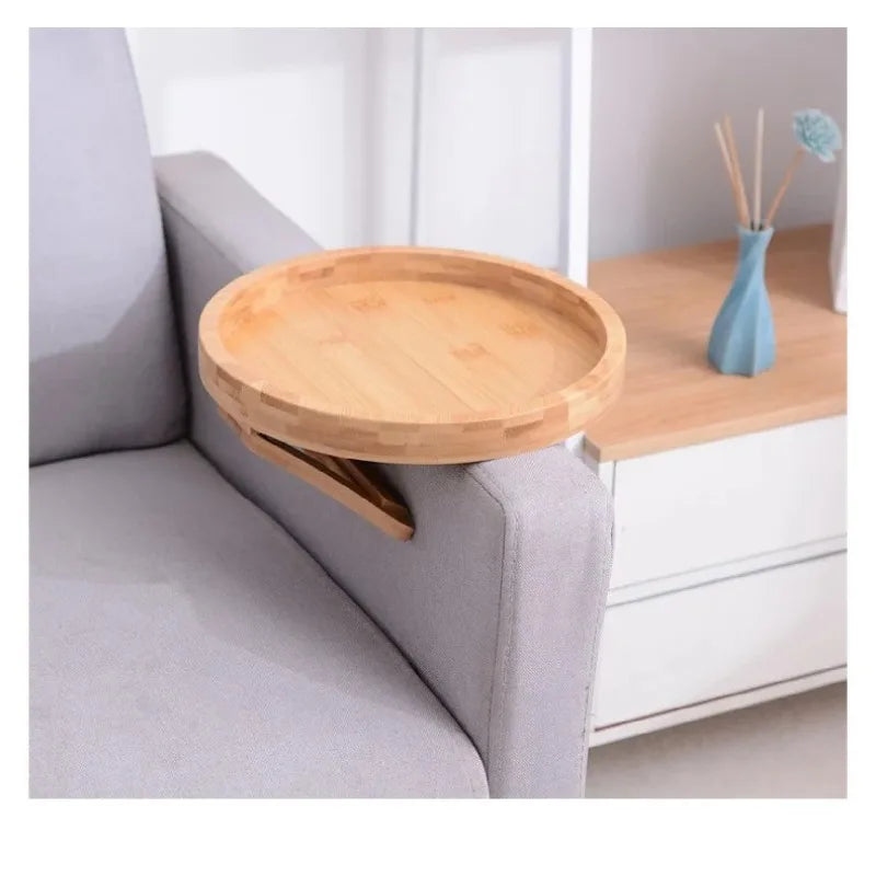 Wooden Sofa Armrest Tray – Foldable Circular Clip-On Snack & Breakfast Tray with Built-In Storage, Side Table for Couch & Home Use