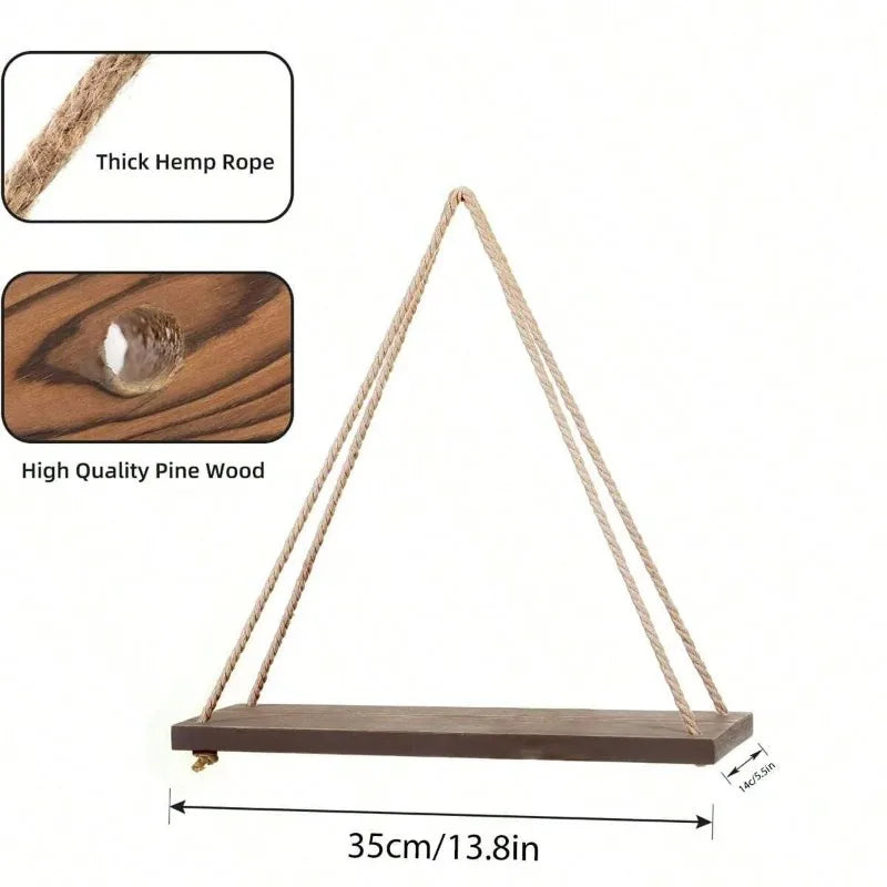 Wooden Hanging Rope Shelf – Wall Mounted Floating Tray for Plants, Decor, Storage | Rustic Swing Shelf for Home, Living Room, or Garden (1PC)