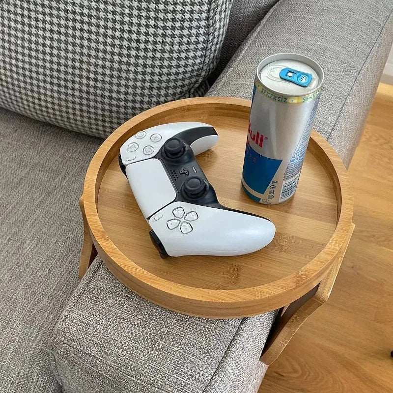 Wooden Sofa Armrest Tray – Foldable Circular Clip-On Snack & Breakfast Tray with Built-In Storage, Side Table for Couch & Home Use
