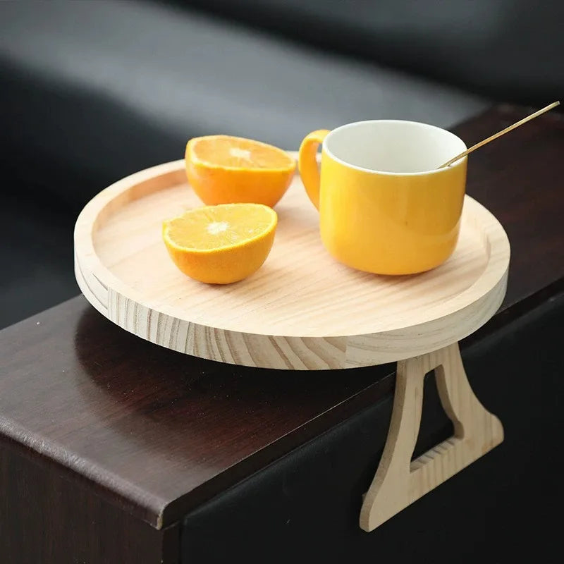Wooden Sofa Armrest Tray – Foldable Circular Clip-On Snack & Breakfast Tray with Built-In Storage, Side Table for Couch & Home Use