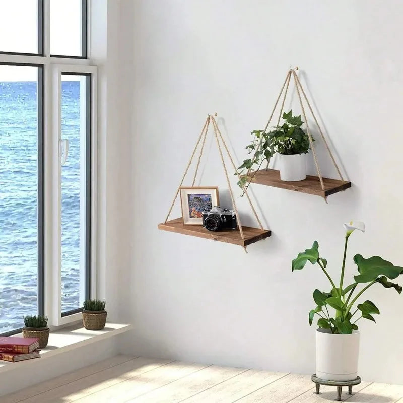Wooden Hanging Rope Shelf – Wall Mounted Floating Tray for Plants, Decor, Storage | Rustic Swing Shelf for Home, Living Room, or Garden (1PC)