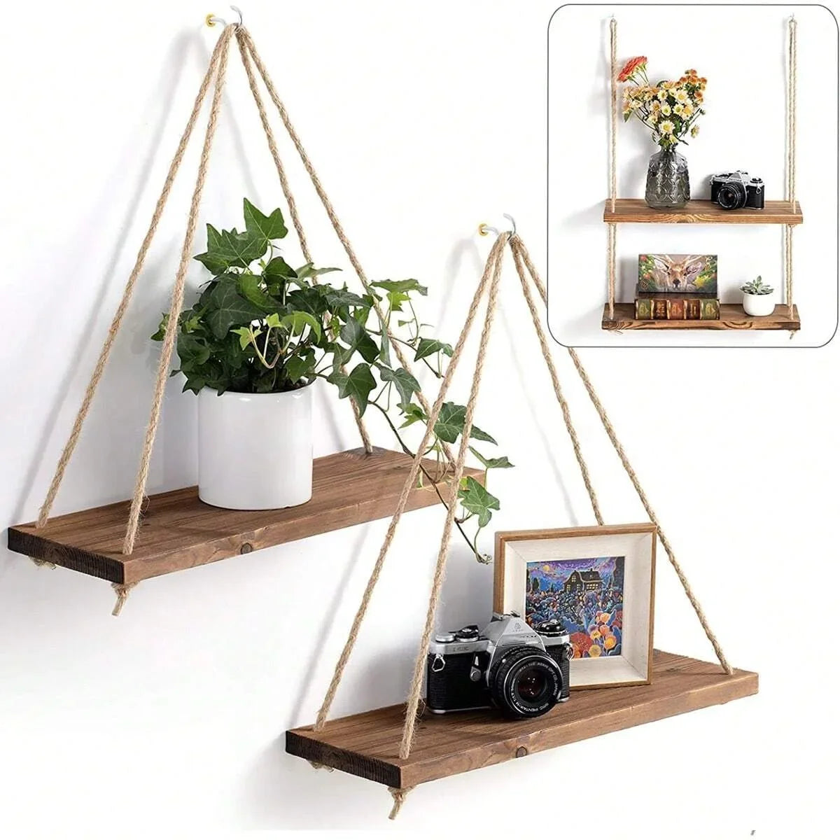 Wooden Hanging Rope Shelf – Wall Mounted Floating Tray for Plants, Decor, Storage | Rustic Swing Shelf for Home, Living Room, or Garden (1PC)