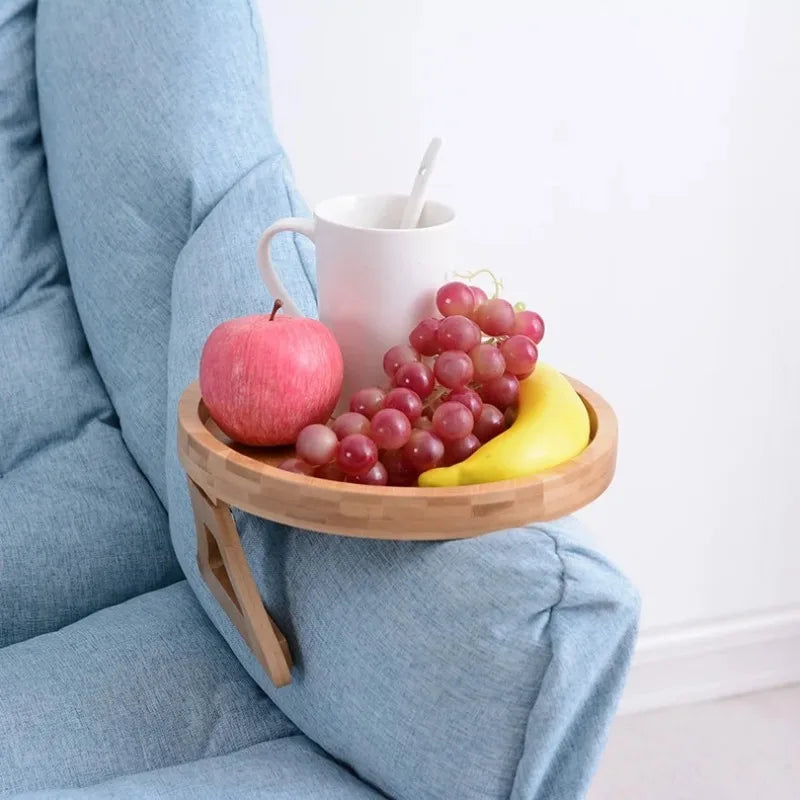 Wooden Sofa Armrest Tray – Foldable Circular Clip-On Snack & Breakfast Tray with Built-In Storage, Side Table for Couch & Home Use