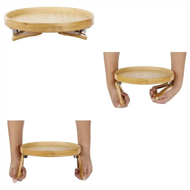 Wooden Sofa Armrest Tray – Foldable Circular Clip-On Snack & Breakfast Tray with Built-In Storage, Side Table for Couch & Home Use