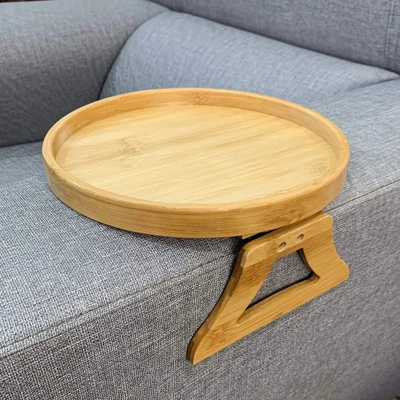 Wooden Sofa Armrest Tray – Foldable Circular Clip-On Snack & Breakfast Tray with Built-In Storage, Side Table for Couch & Home Use