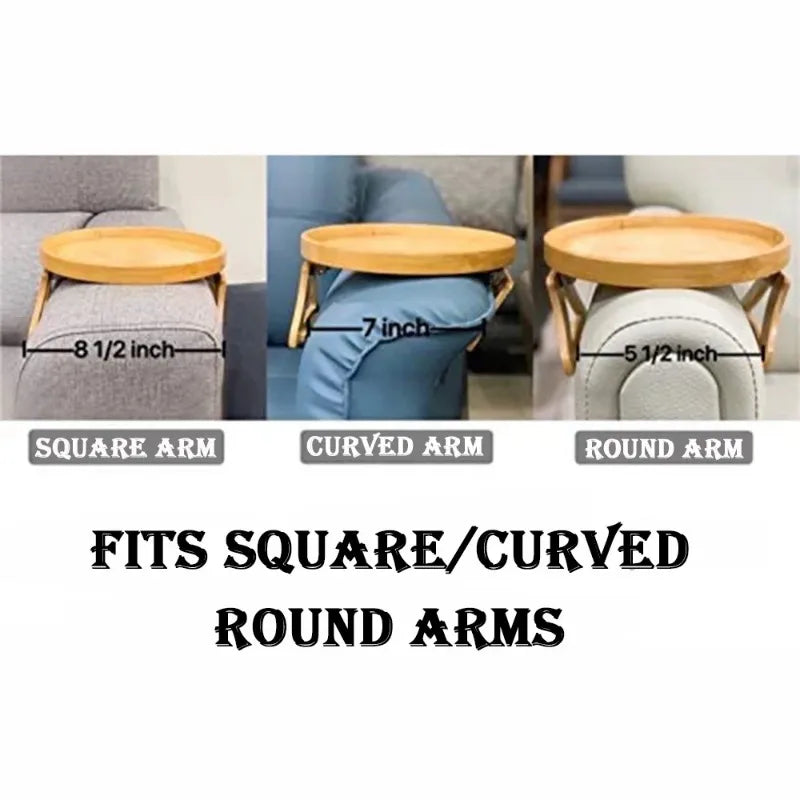Wooden Sofa Armrest Tray – Foldable Circular Clip-On Snack & Breakfast Tray with Built-In Storage, Side Table for Couch & Home Use