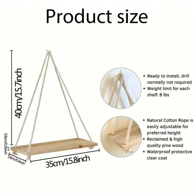 Wooden Hanging Rope Shelf – Wall Mounted Floating Tray for Plants, Decor, Storage | Rustic Swing Shelf for Home, Living Room, or Garden (1PC)