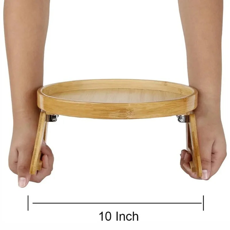 Wooden Sofa Armrest Tray – Foldable Circular Clip-On Snack & Breakfast Tray with Built-In Storage, Side Table for Couch & Home Use