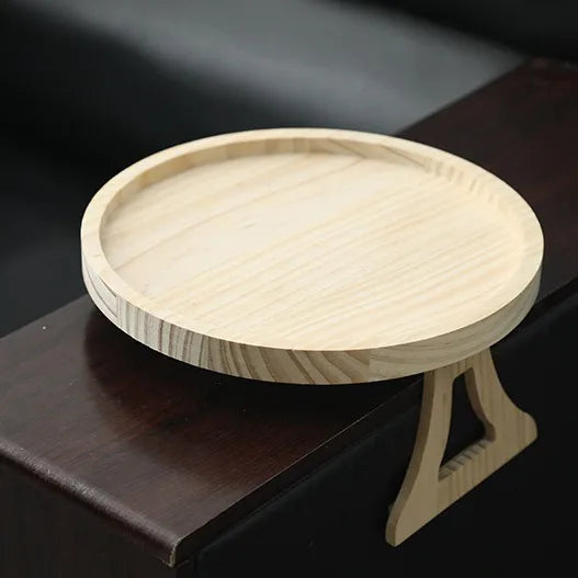 Wooden Sofa Armrest Tray – Foldable Circular Clip-On Snack & Breakfast Tray with Built-In Storage, Side Table for Couch & Home Use