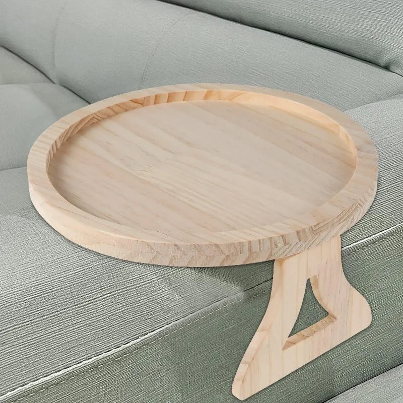 Wooden Sofa Armrest Tray – Foldable Circular Clip-On Snack & Breakfast Tray with Built-In Storage, Side Table for Couch & Home Use