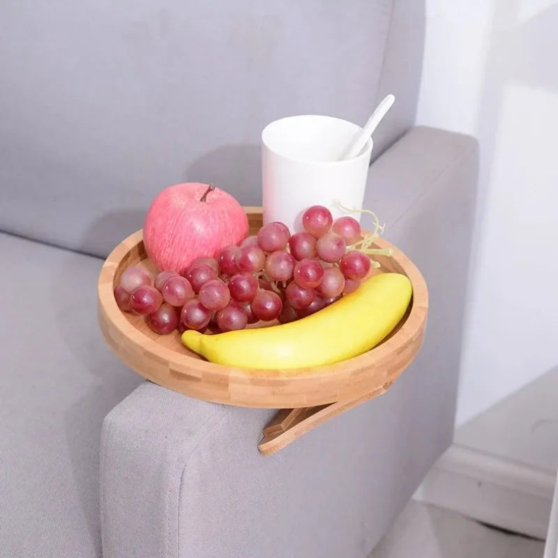 Wooden Sofa Armrest Tray – Foldable Circular Clip-On Snack & Breakfast Tray with Built-In Storage, Side Table for Couch & Home Use