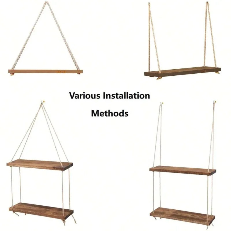 Wooden Hanging Rope Shelf – Wall Mounted Floating Tray for Plants, Decor, Storage | Rustic Swing Shelf for Home, Living Room, or Garden (1PC)