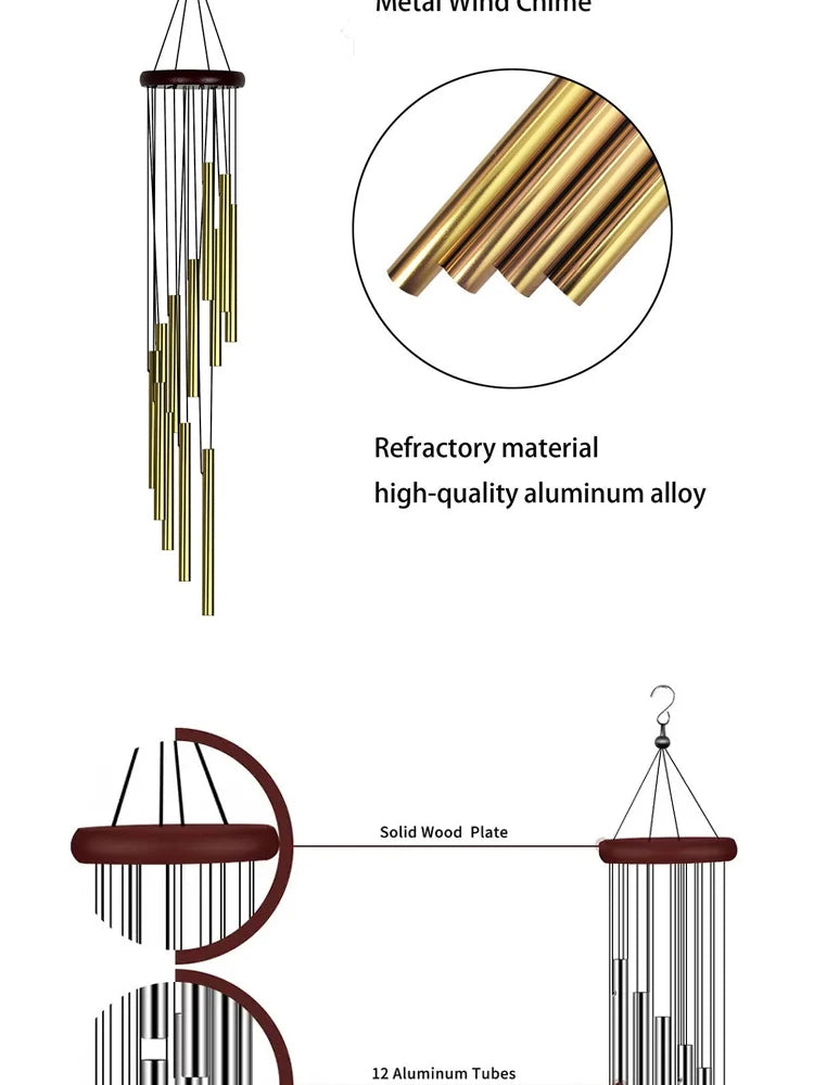12 Metal Aluminium Tube Wind Chimes with Hooks, Outdoor Garden Decoration Home Wedding Party Memorial Decoration Favours