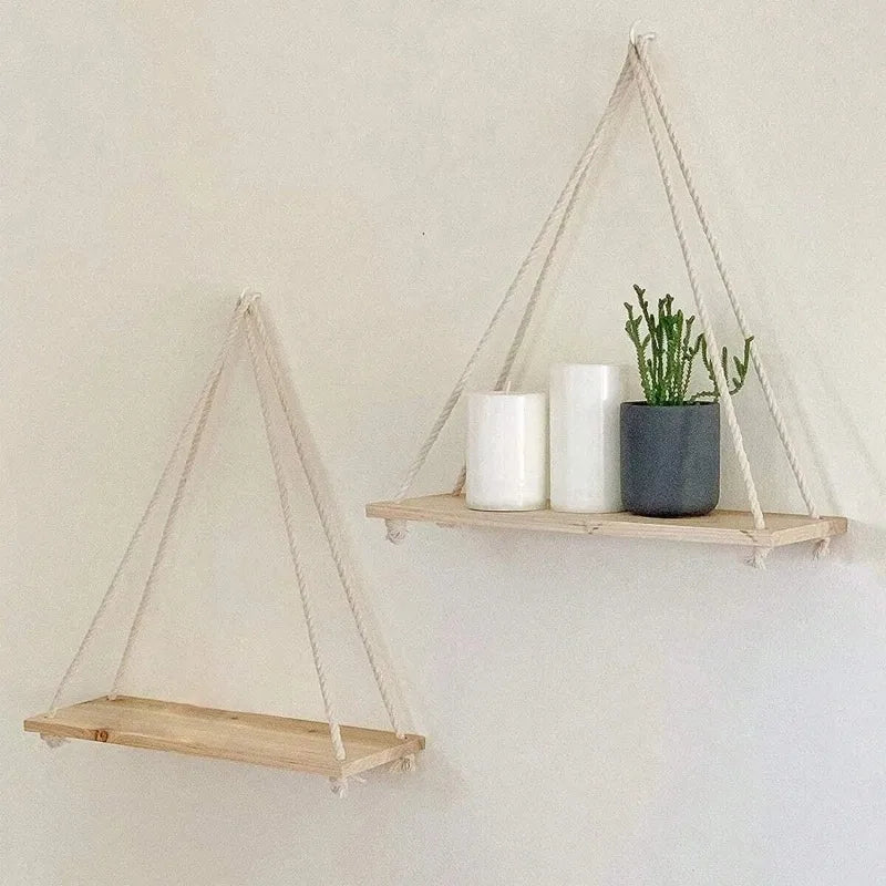 Wooden Hanging Rope Shelf – Wall Mounted Floating Tray for Plants, Decor, Storage | Rustic Swing Shelf for Home, Living Room, or Garden (1PC)