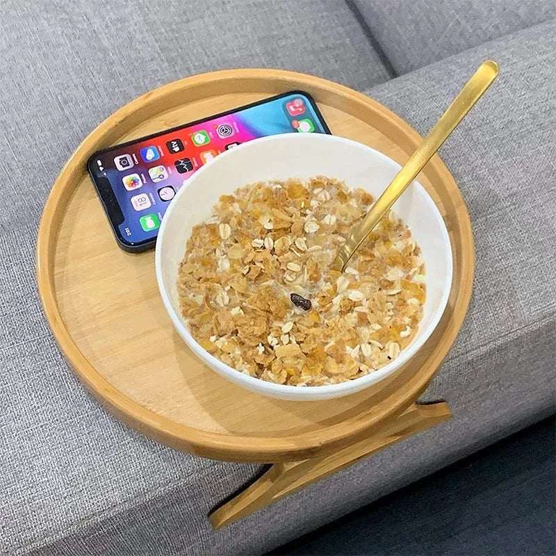 Wooden Sofa Armrest Tray – Foldable Circular Clip-On Snack & Breakfast Tray with Built-In Storage, Side Table for Couch & Home Use