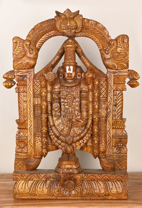 Tirupati Tirumala Balaji Wooden Arch Sculpture – 24" Handcrafted Lord Balaji Idol for Home Temple & Spiritual Decor
