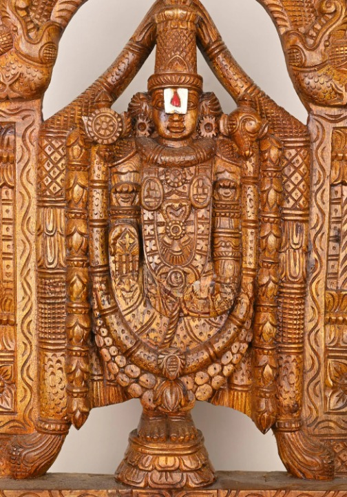 Tirupati Tirumala Balaji Wooden Arch Sculpture – 24" Handcrafted Lord Balaji Idol for Home Temple & Spiritual Decor