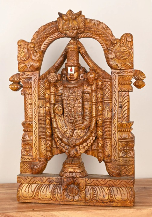 Tirupati Tirumala Balaji Wooden Arch Sculpture – 24" Handcrafted Lord Balaji Idol for Home Temple & Spiritual Decor