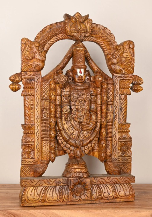 Tirupati Tirumala Balaji Wooden Arch Sculpture – 24" Handcrafted Lord Balaji Idol for Home Temple & Spiritual Decor