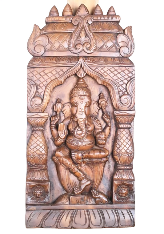 24" Lord Ganesha Wall Panel | Gopuram Carved Wood Art | Temple/Home Decor