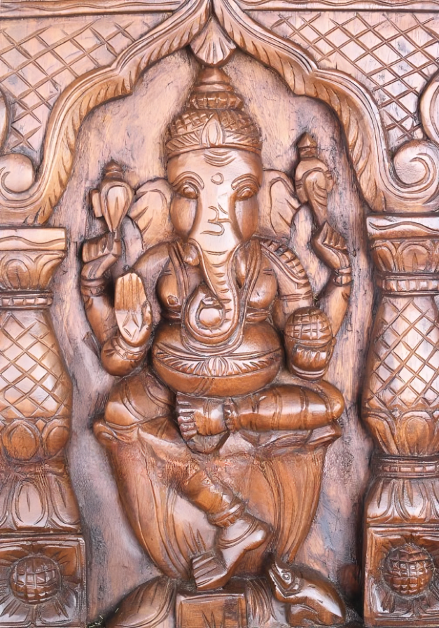 24" Lord Ganesha Wall Panel | Gopuram Carved Wood Art | Temple/Home Decor