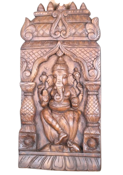 24" Lord Ganesha Wall Panel | Gopuram Carved Wood Art | Temple/Home Decor