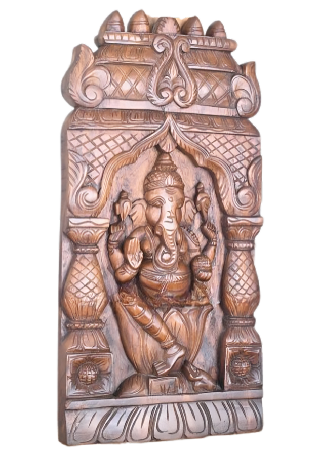 24" Lord Ganesha Wall Panel | Gopuram Carved Wood Art | Temple/Home Decor