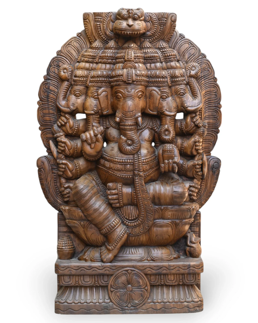 4 Ft Panchamukhi Ganesha Idol | Vaagai Wood | Wax Brown Finish | Hindu Decor Art