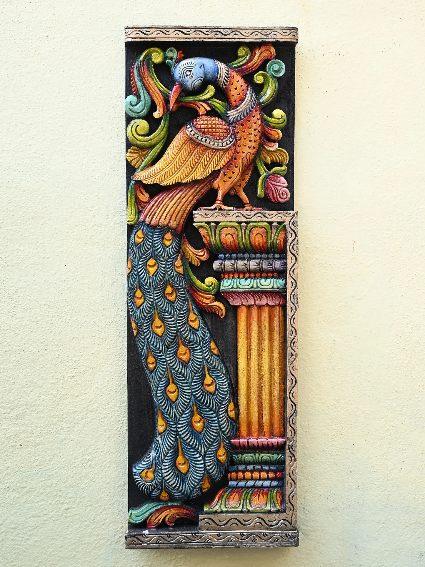 3ft Wooden Paired Peacock Wall Panel | Handcrafted Vaagai Wood Art Decor