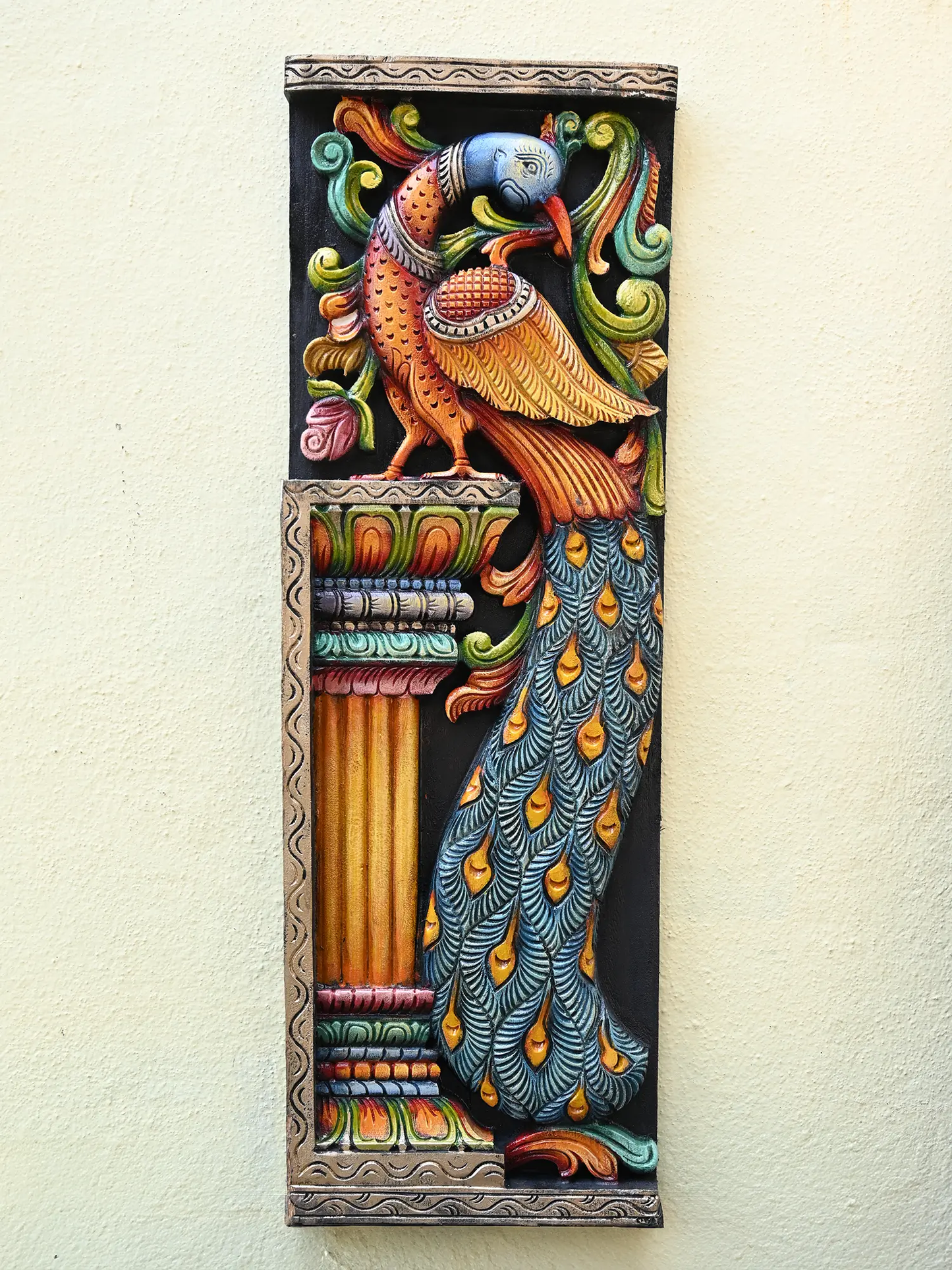 3ft Wooden Paired Peacock Wall Panel | Handcrafted Vaagai Wood Art Decor