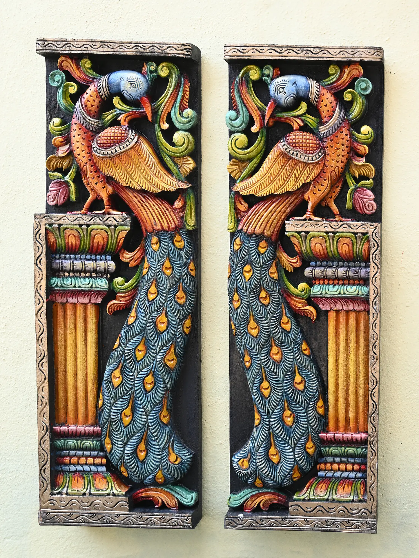 3ft Wooden Paired Peacock Wall Panel | Handcrafted Vaagai Wood Art Decor