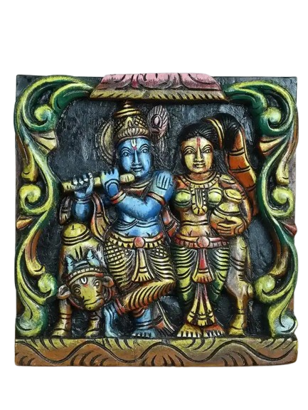 Handcrafted 12” Wooden Radha Krishna Idol – Vaagai Wood Wall Decor Art