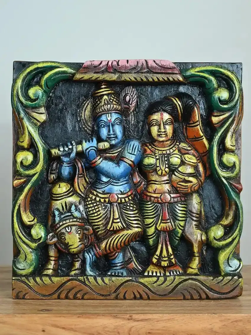 Handcrafted 12” Wooden Radha Krishna Idol – Vaagai Wood Wall Decor Art