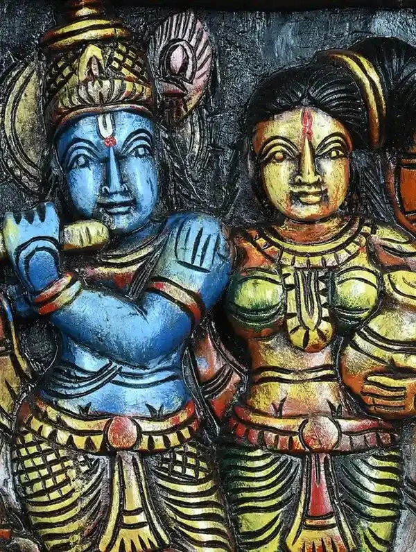 Handcrafted 12” Wooden Radha Krishna Idol – Vaagai Wood Wall Decor Art
