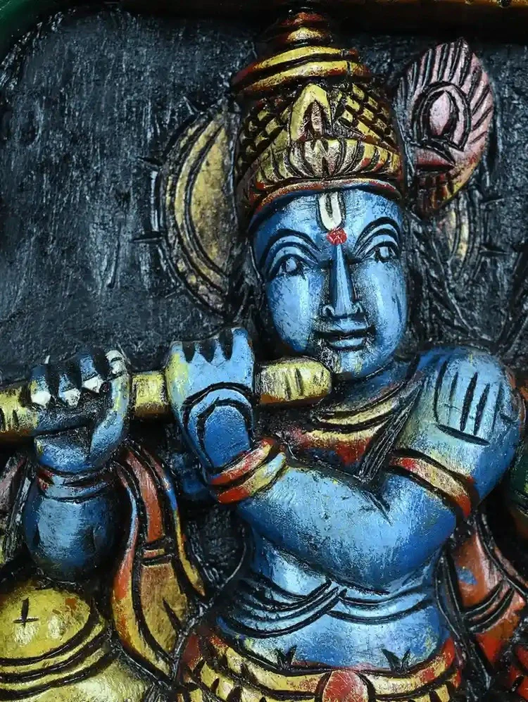 Handcrafted 12” Wooden Radha Krishna Idol – Vaagai Wood Wall Decor Art