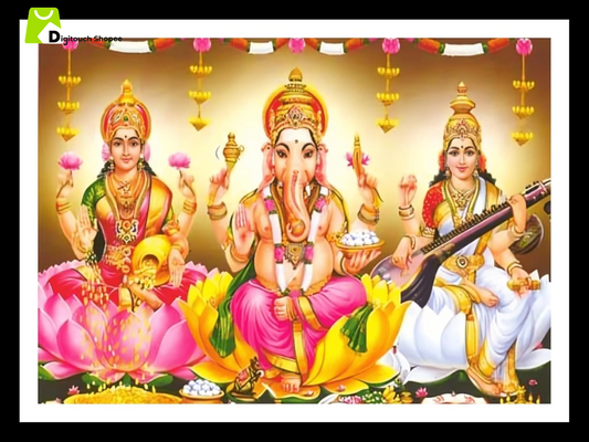 God Ganesh Lakshmi Saraswati Religious Photo Frame, 7 X 9 Inches, Wall Hang, Perfect for Keeping in Shelves