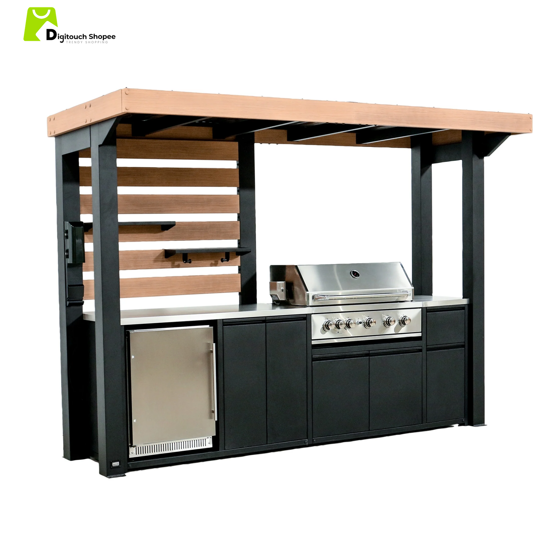 Fusion Flame Galvanized Steel Covered Outdoor Kitchen, Grill, Fridge