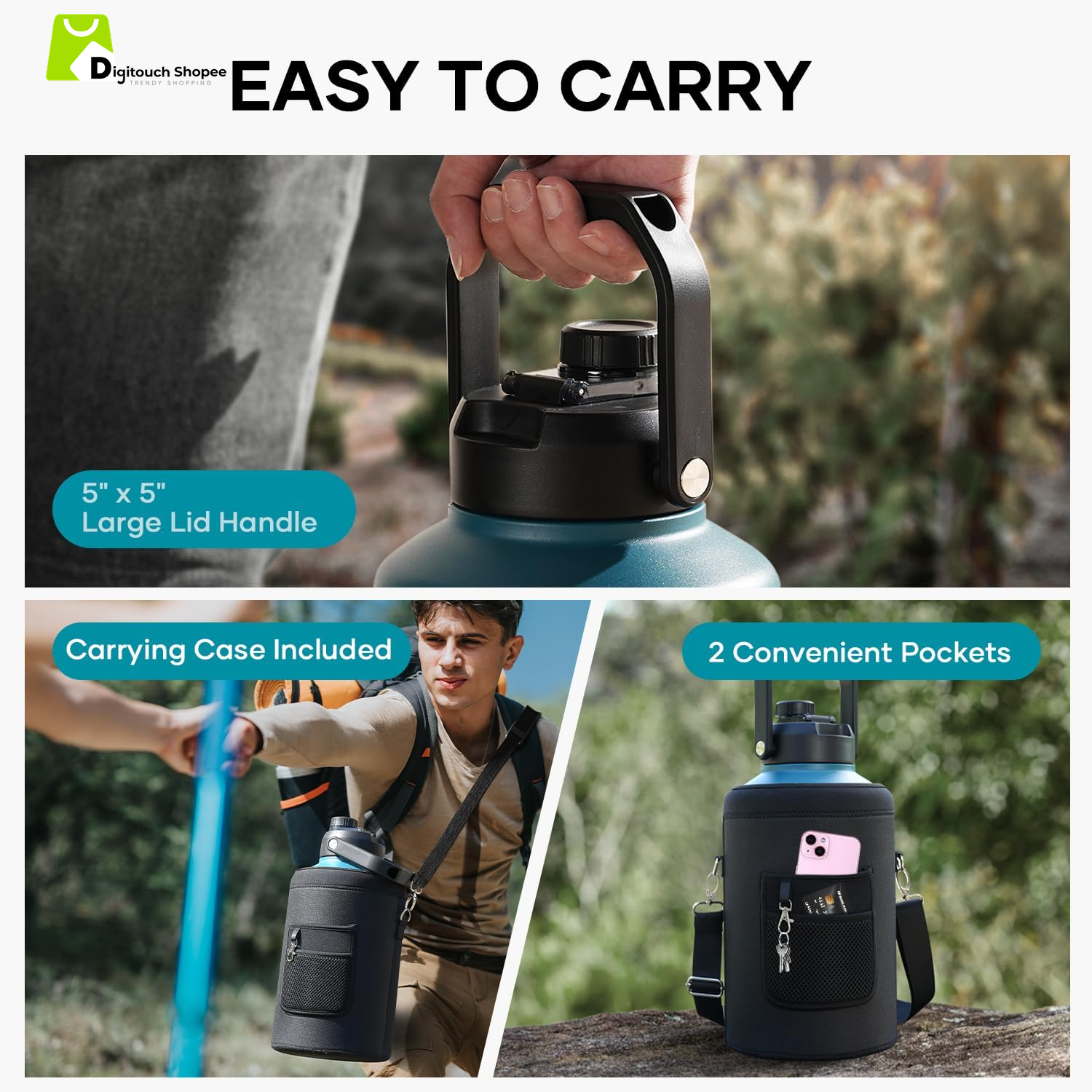 1.5 Gallon Water Bottle Insulated, (Cold for 48 Hrs) 192Oz Large Water Jug Stainless Steel, 3.58In Big Wide Mouth Leak Proof Metal Flask with Carrying Sleeve for Camping,Gym,Travel,Indigo Crush