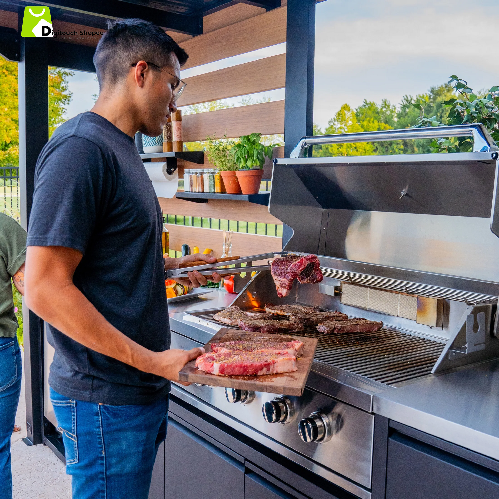 Fusion Flame Galvanized Steel Covered Outdoor Kitchen, Grill, Fridge