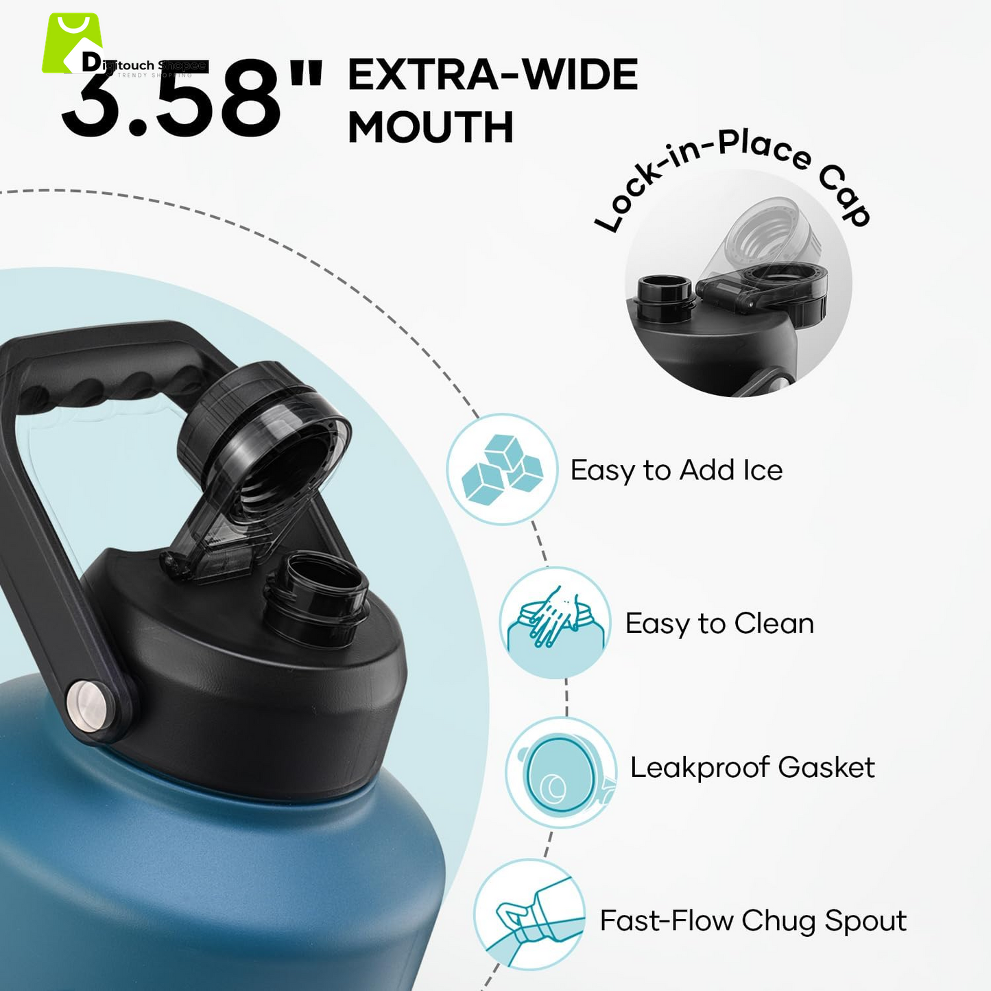 1.5 Gallon Water Bottle Insulated, (Cold for 48 Hrs) 192Oz Large Water Jug Stainless Steel, 3.58In Big Wide Mouth Leak Proof Metal Flask with Carrying Sleeve for Camping,Gym,Travel,Indigo Crush