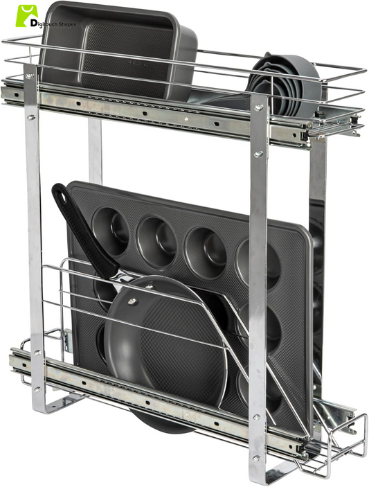 Glidez Multipurpose Chrome-Plated Steel Pull-Out/Slide-Out Storage Organizer for Cookware and Bakeware - 2-Tier Design - Fits Standard Size Cabinet or Shelf, Chrome
