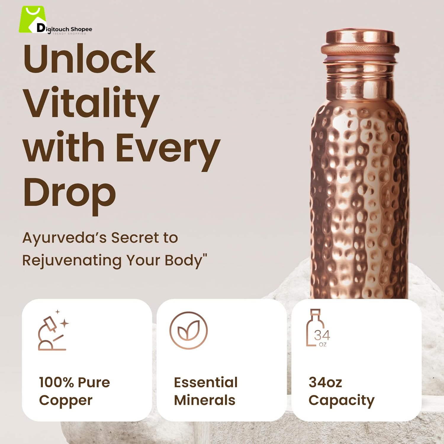 Pure Copper Water Bottle for Drinking Water, 34 Oz Hammered Finish – Stay Hydrated and Enjoy Ayurvedic Benefits – Leak-Proof, Temperature Retention, Eco-Friendly Design – Durable Copper Bottle
